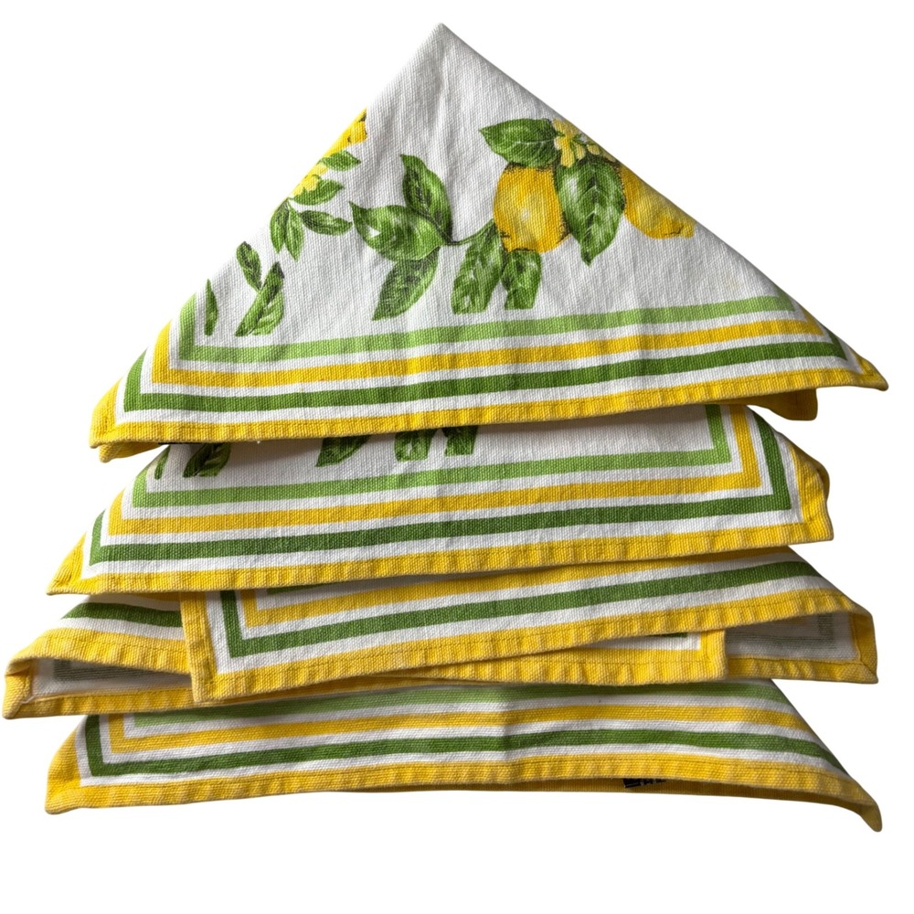 Nicole Miller Home Lemon Print Cotton Cloth Napkins Set of 4 Yellow Green White